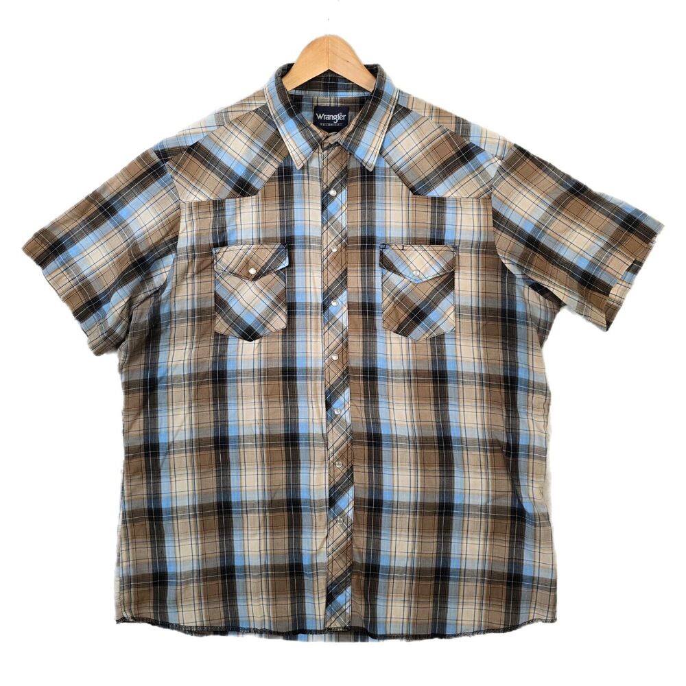 Vintage Wrangler Shirt Men 2XT Plaid Pearl Snap Western Pocket Short Sleeve